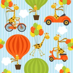 Behang Dieren met ballon naadloze patroon met giraffe op ballonnen - vectorillustratie, eps