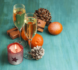 New Year card with champaign, candle and copyspace