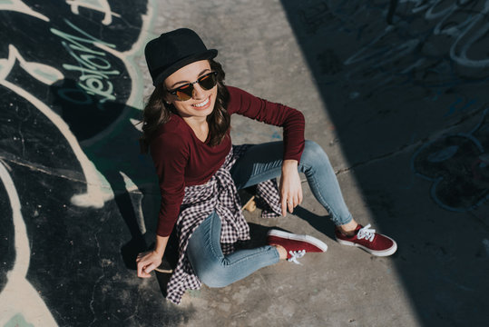 From above shot of young skateboarder