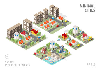 Set of Isolated Isometric Minimal City Maps. Elements with Shadows on White Background.