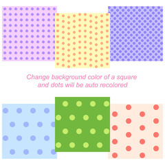 Set of six seamless backgrounds with auto recoloring dots patterns