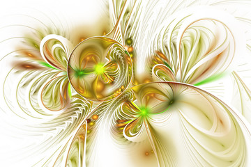 Abstract seeds on white background. Fantasy fractal texture in yellow and green colors. Digital art. 3D rendering.