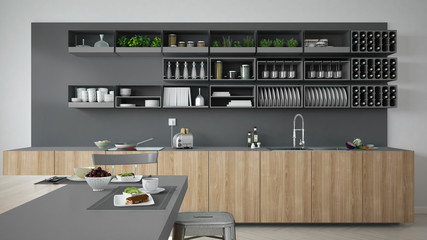 Minimalistic gray kitchen with wooden and gray details, vegetari