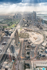 Dubai, UAE. City skyline at dusk, aerial view