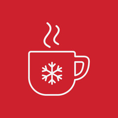 cup of coffee, tea with steam, snowflake, line icon white on red
