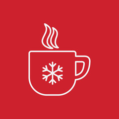 cup of coffee, tea with steam, snowflake, line icon white on red