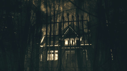 Super Scary Halloween Scene with a Feaky House in Forest - obrazy, fototapety, plakaty