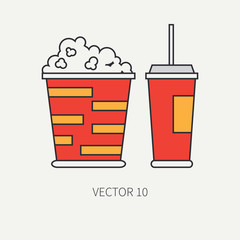 Line flat color vector icon elements of movie theater pop culture - popcorn, cola. Cartoon style. Cinema. Vector illustration and element for your design and wallpaper. Collection. Screenplay. Movie.