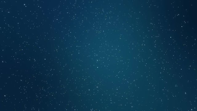 Winter night sky animation with flickering stars and sparkling snowflakes falling down against a dark blue background.