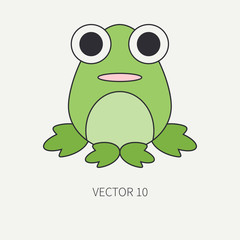 Flat line color vector icon with cute animal for baby products - frog. Cartoon style. Childrens doodle. Babyhood. Newborn. Vector illustration and element for your design and wallpaper. Kids. Farm.