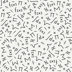 Flat monochrome vector seamless mathematical motif pattern. Fabric textile elements. Cute doodle with algebraic expressions and symbols. Vector illustration and element for design. Science. Knowledge.