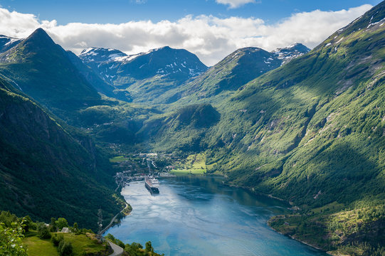 Geiranger fjord aerial view from Eagle's Road.