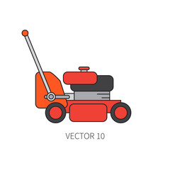 Line flat color vector icon garden tool - lawn mower. Cartoon style. Vector illustration and element for your design and wallpaper.