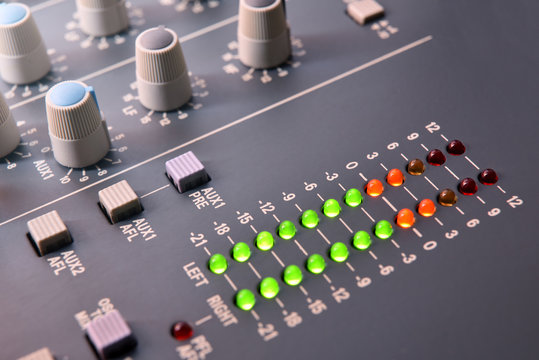 Close up digital vu-meter sound mixer elevated view