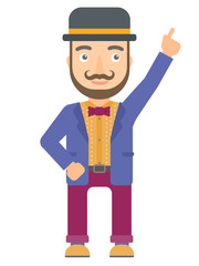 Circus performer pointing up with finger.