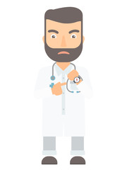 Angry head doctor pointing at wrist watch.