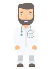 Embarrassed doctor in white coat.