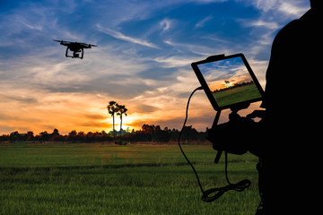 Silhouette of Man using drone to monitor the agricultural field at the evening,