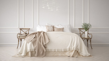 Minimalistic classic bedroom, white interior design - obrazy, fototapety, plakaty