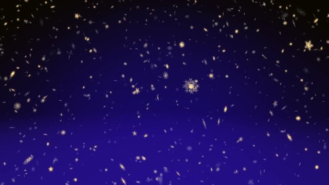 Christmas and New Year animation. Golden Christmas snowflakes on dark blue background.