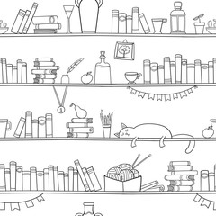 Books, cat and other things on the shelves. Seamless pattern