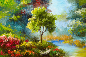 Obraz olejny, kwiaty i drzewa nad rzeką, zachód słońca
