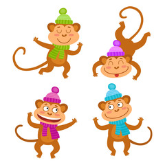 Vector set with funny monkeys. Cute little monkeys.