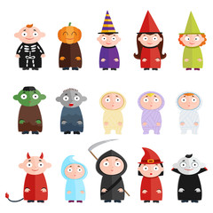 Children with costumes, witch, mummy, ghost, death, vampire, devil, pumpkin