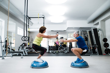 Senior couple in gym working out with weights, squatting