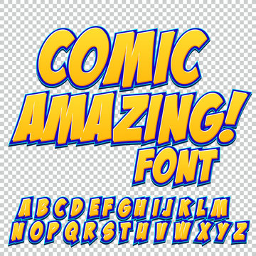 Creative high detail comic font. Alphabet of comics, pop art.