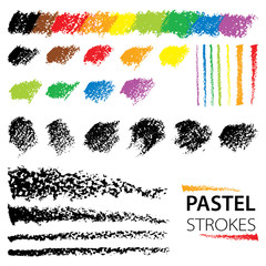 Vector set with oil pastel design elements isolated on white background. Black and color abstract textured strokes, stripes, lines and scratches in sketch style. Hand drawn art element.