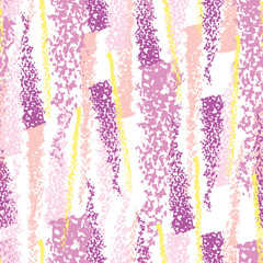 Vector seamless pattern with textured oil pastel brushstrokes on the white background. Pink, violet and orange abstract stripes and lines in sketch style. Hand drawn art background.