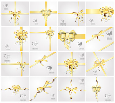 Set gift card vector illustration on white background, luxury wide gift bow with gold ribbon and space frame for text, gift wrapping template for banner, poster design.