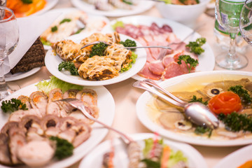 Lots appetizers on a table in a restaurant