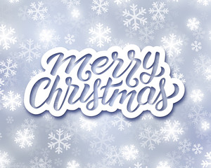 Merry Christmas lettering on festive winter background with snowflakes. Vector greeting card design template with typography