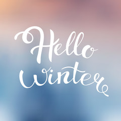 Fototapeta na wymiar Hello winter text. Vector Brush lettering Hello Winter. Vector card design with custom calligraphy. Winter season cards, greetings for social media.