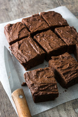 Chocolate brownie portions on wooden background
