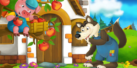 Cartoon scene with wolf near village house - pig watching him from the tree - illustration for children
