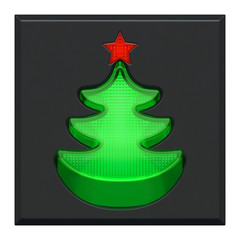 Christmas or New Year holiday creative concept. Pushed lighting green plastic button or switch and red indicator light as Christmas tree (fir) with star on grey dashboard or control panel