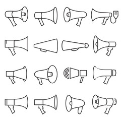 Fototapeta premium Set of linear megaphone icons isolated on a white background. Vector illustration