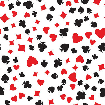 Playing cards suits seamless pattern. Random placed heart, diamond, club, spade on white vector background. Gambling repeating texture.