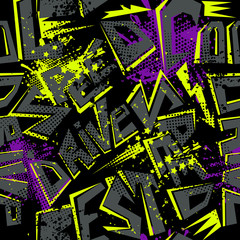 Abstract seamless grunge pattern with words drawing in graffiti style, grungy textured elements, dots, spray paint ink, stars, curved lines. Colorful teenagers modern repeated backdrop