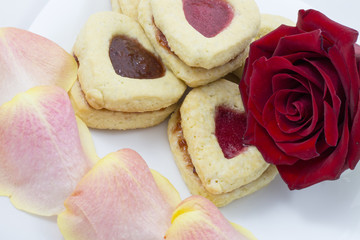 Valentine's Day Heart Cookies with red rose