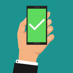 Green checkmark on smartphone screen. Hand holding smartphone. Mobile phone with white tick. Success concept. Modern design for web banners, web sites, infographics. Flat design vector illustration