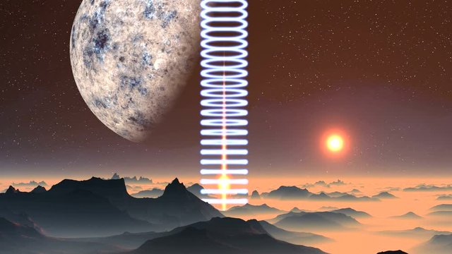 Spiral Light And Sunrise On An Alien Planet. Among the misty mountains, sparkling spiral of light and flame rises slowly. In the dark starry sky huge planet. Due to the horizon, rises a bright sun.