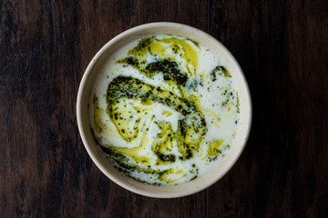 Turkish Yayla or Yogurt Soup with mint sauce (Tzatziki)