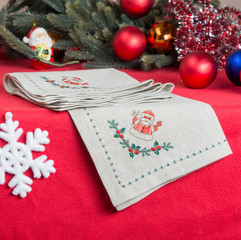 napkins embroidered with Santa Claus for Christmas