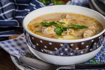 Soup with barley and chicken gizzards.