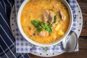 Soup with barley and chicken gizzards.