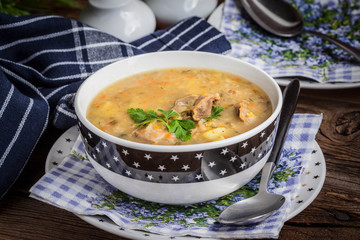 Soup with barley and chicken gizzards.